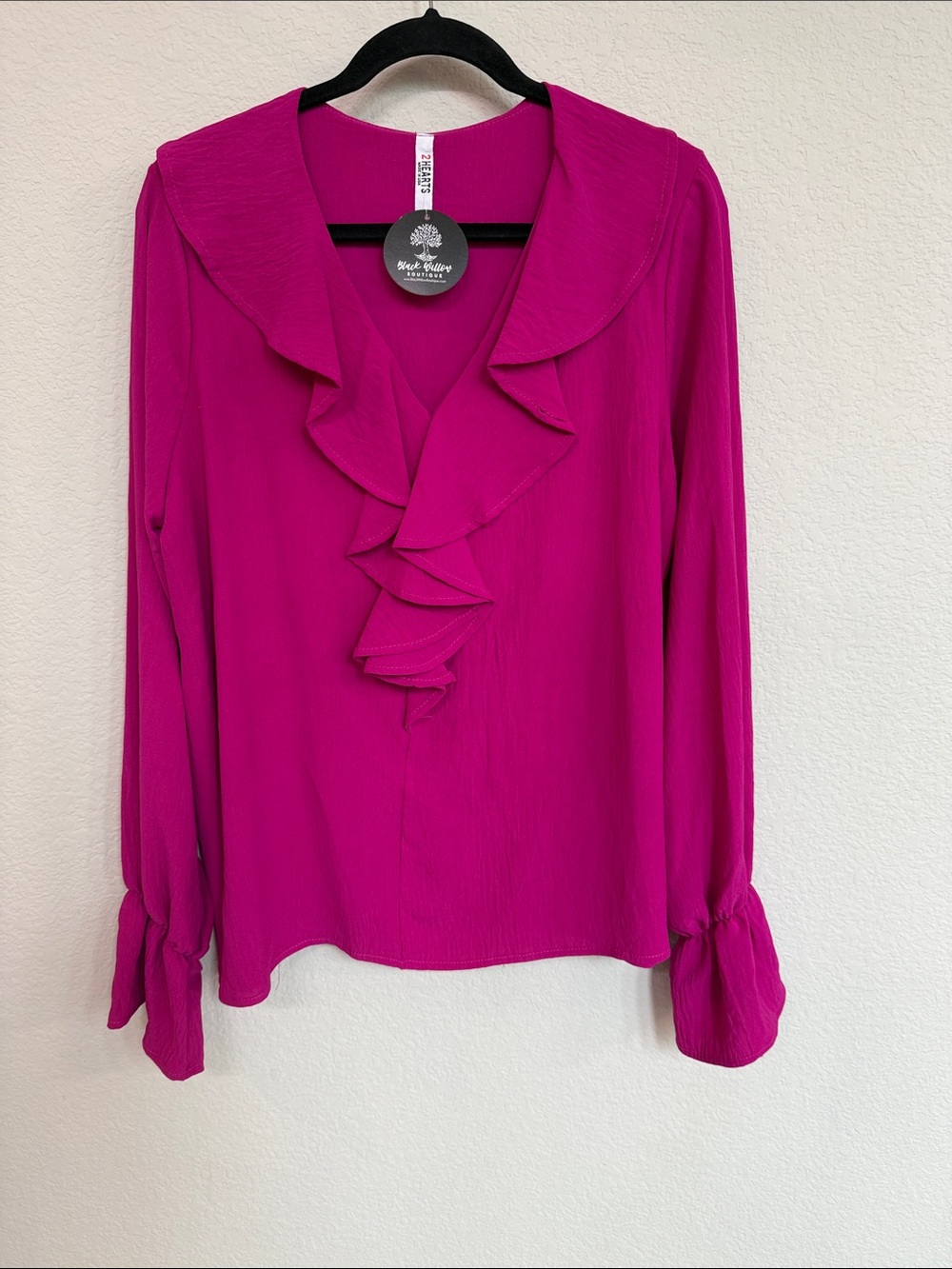 2Hearts (Made in the USA)  Magenta Ruffled V-Neck Long Sleeve Blouse